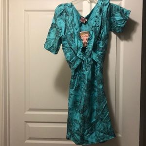 Turquoise and black silk dress